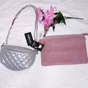 STEVE MADDEN BMANDIE SILVER BELT BAG + HAND BAG